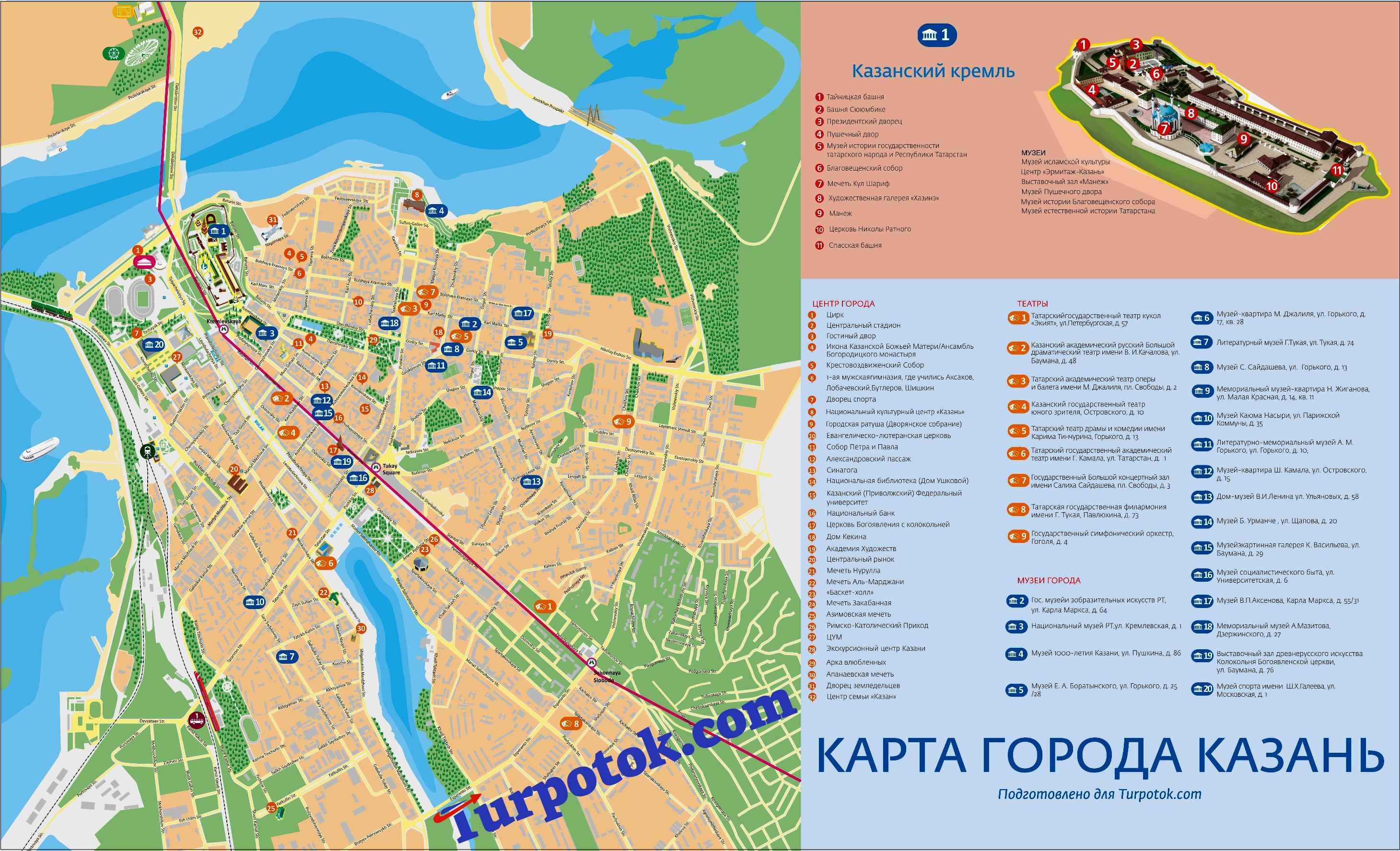 Схема города Казань с изображением Кремля, музеев, храмов и т.п.